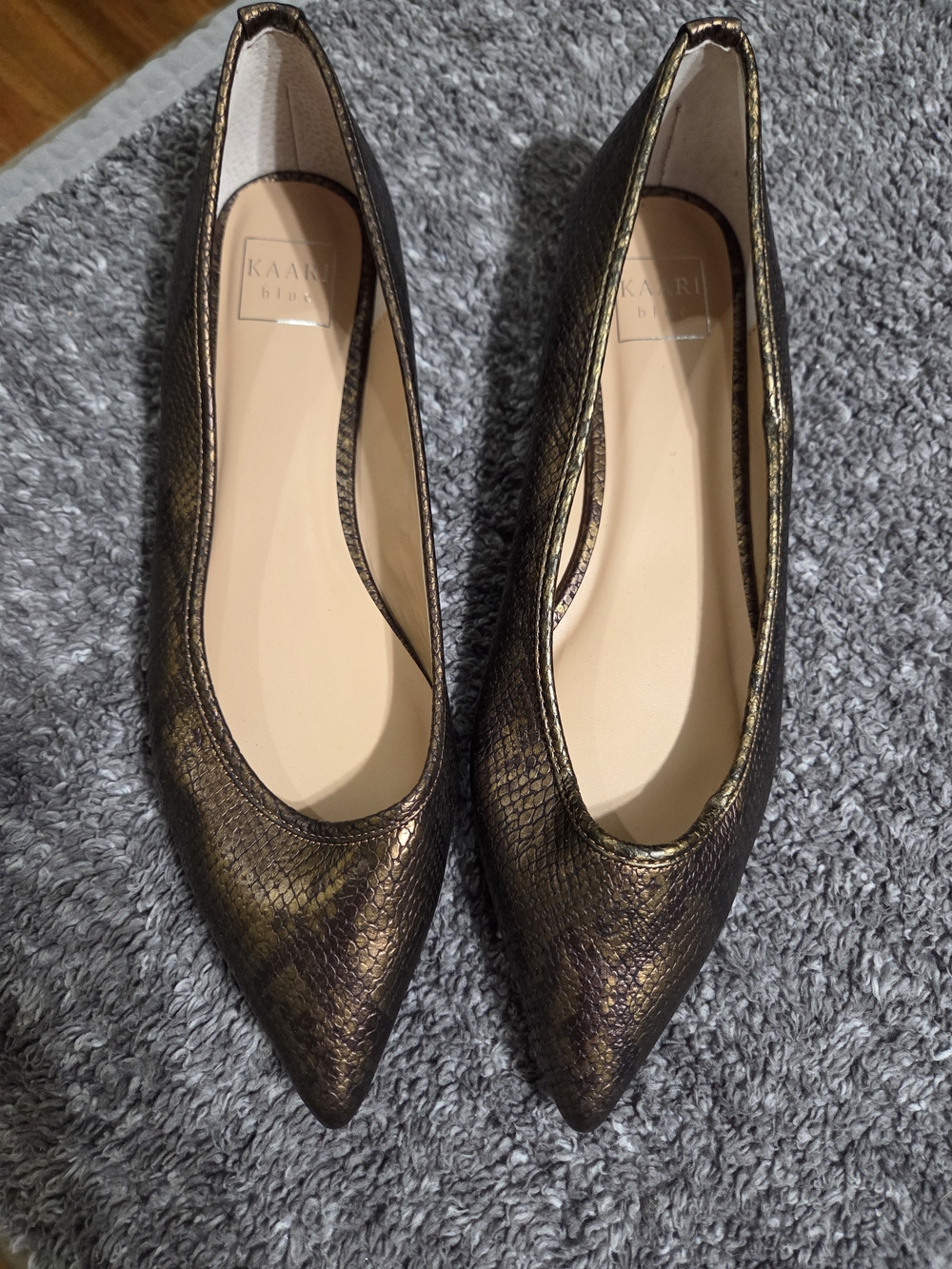 Kaari Blue Metallic Bronze & Black Snake-Embossed Pointed Flats